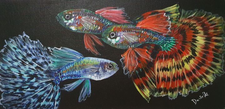 Painting titled "Guppies 2" by Danielle Siauw, Original Artwork, Acrylic Mounted on Wood Panel