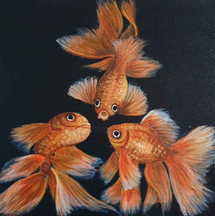 Schilderij getiteld "Goldfish 1" door Danielle Siauw, Origineel Kunstwerk, Acryl Gemonteerd op Houten paneel