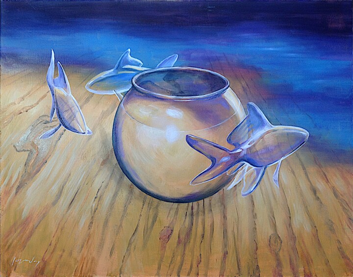 Painting titled "Goldfish XLV" by Daniel Loveday, Original Artwork, Oil Mounted on Wood Panel