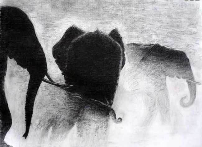 Pintura intitulada "Éléphants dans la b…" por Daniel Lutaud, Obras de arte originais, Óleo