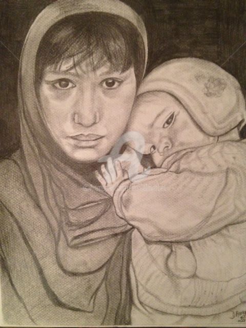 Dessin intitulée ""MERE & ENFANT AFGH…" par Danygil, Œuvre d'art originale, Crayon