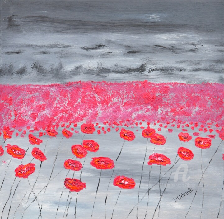 Painting titled "Poppies In The Rain" by Daniel Urbaník, Original Artwork, Oil