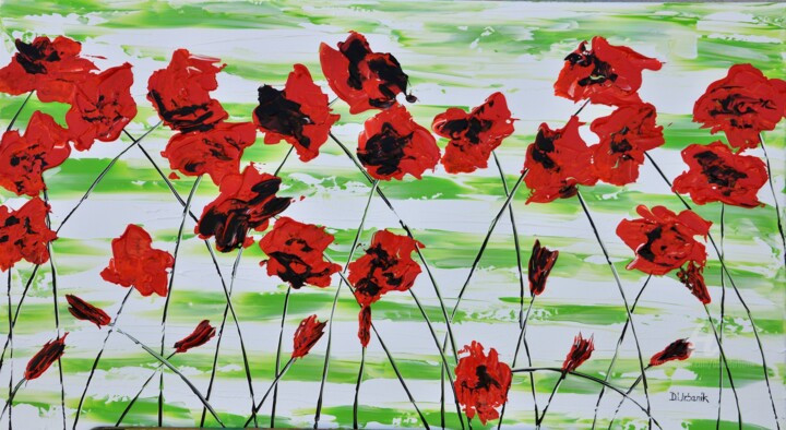 Painting titled "Red Poppies 90x50cm" by Daniel Urbaník, Original Artwork, Acrylic