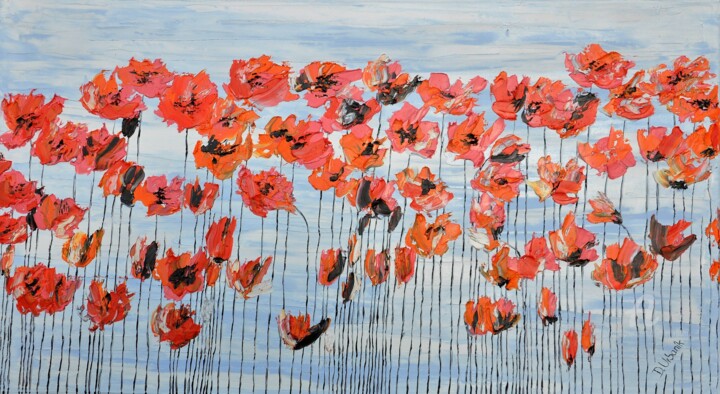 Painting titled "Poppies And Blue Sky" by Daniel Urbaník, Original Artwork, Oil