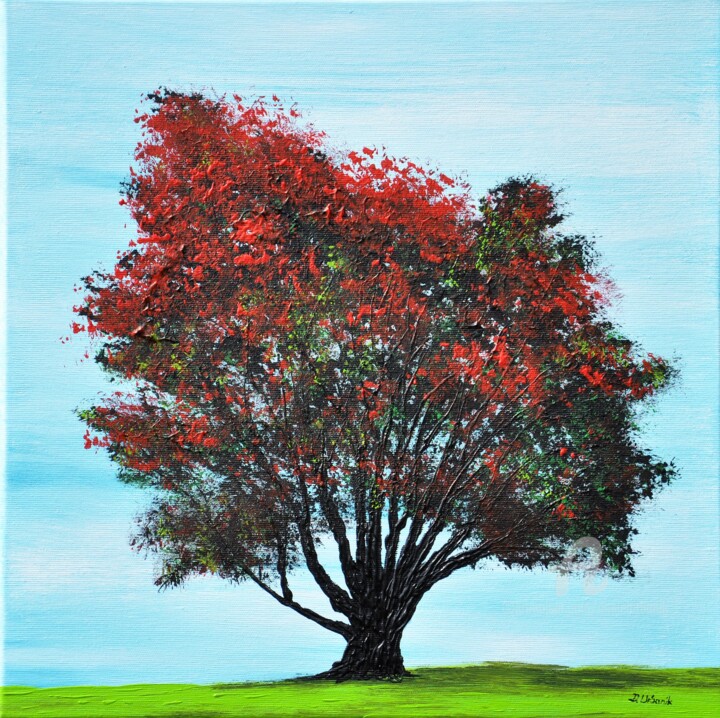 Schilderij getiteld "Red Tree" door Daniel Urbaník, Origineel Kunstwerk, Acryl