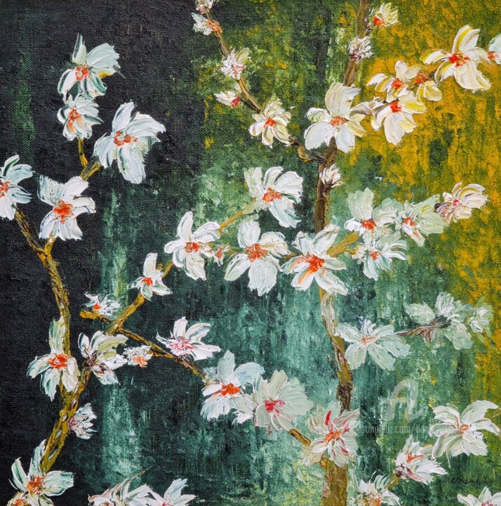Pittura intitolato "Cherries in bloom" da Daniel Urbaník, Opera d'arte originale, Olio