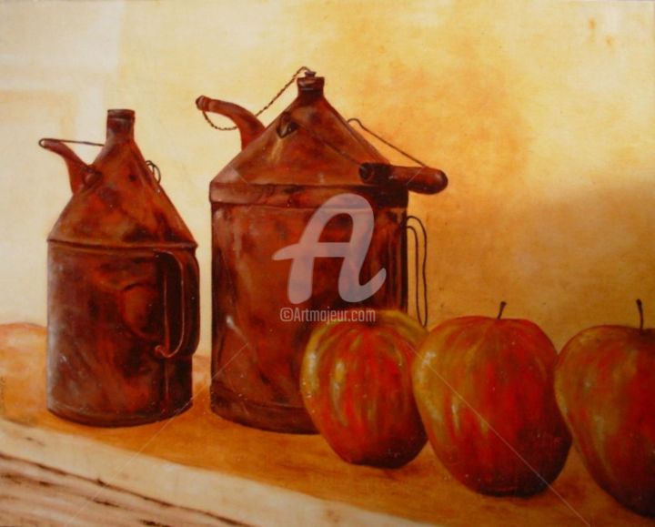 Painting titled "pot et pomme" by Danihua, Original Artwork, Oil