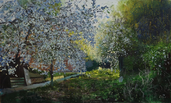 Painting titled "spring patio" by Danil Shurykin, Original Artwork, Oil