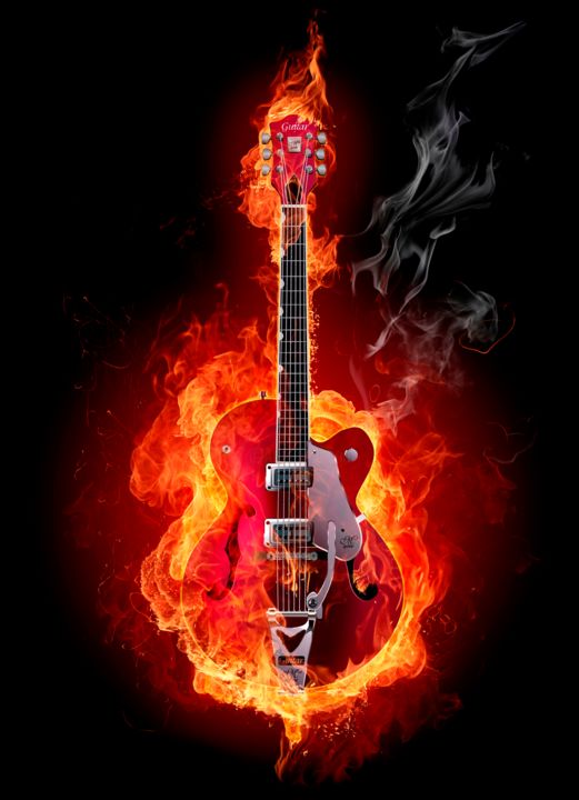 Arte digital titulada "Rock guitara in fla…" por Daniil Ivanov, Obra de arte original, Foto-montaje