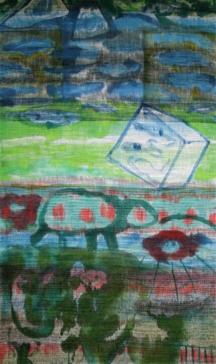 Textilkunst mit dem Titel "Würfelglück" von Danjana Brandes, Original-Kunstwerk, Acryl