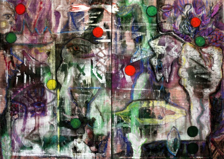 Textilkunst mit dem Titel "paintball" von Danjana Brandes, Original-Kunstwerk, Acryl Auf Keilrahmen aus Holz montiert