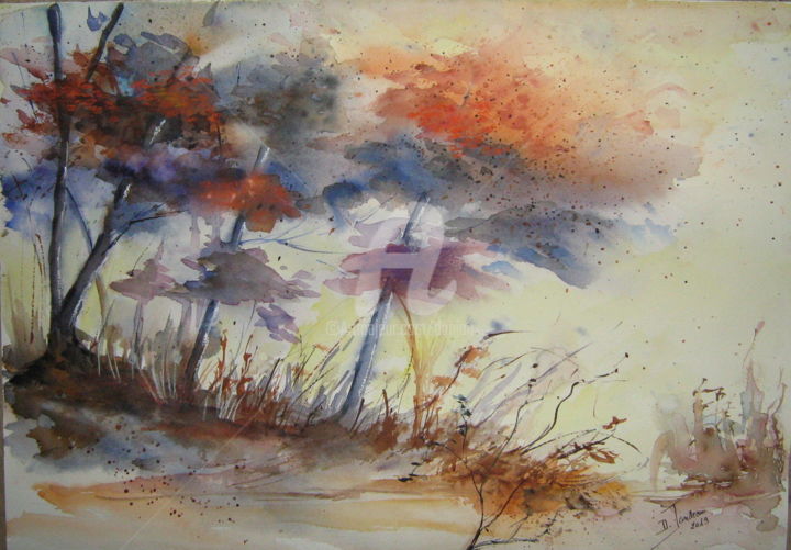 Painting titled "Automne améthyste e…" by Dany, Original Artwork, Watercolor