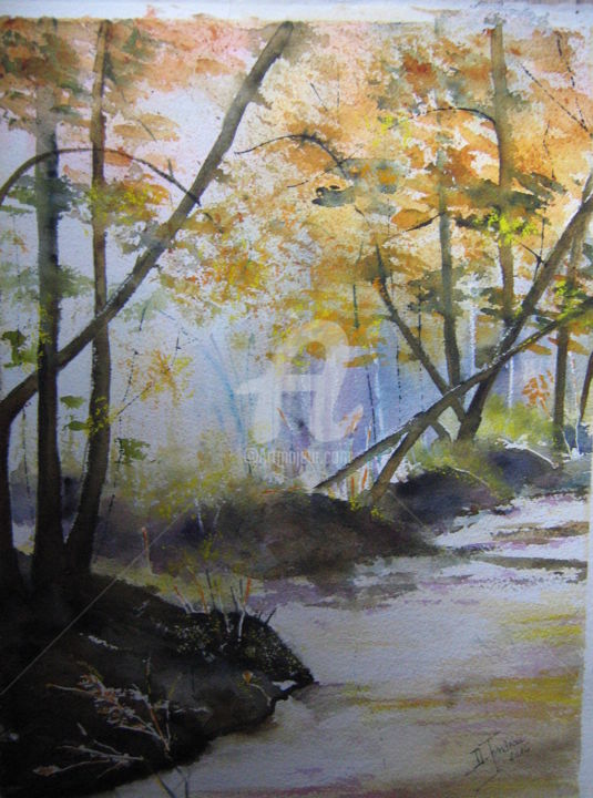 Painting titled "Matin d'automne en…" by Dany, Original Artwork, Watercolor