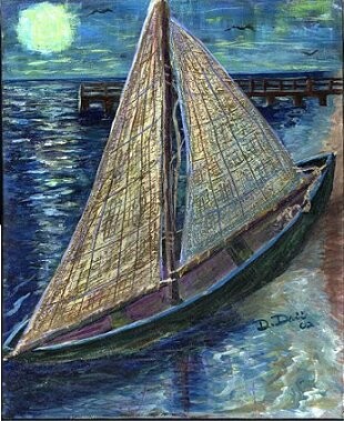 Painting titled "sailboat with moon" by Danny Davini, Original Artwork
