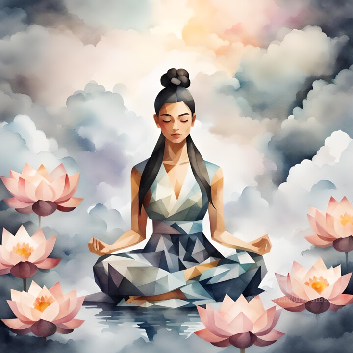 Цифровое искусство под названием "Lotus Meditation" - Danta Albers, Подлинное произведение искусства, Акварель