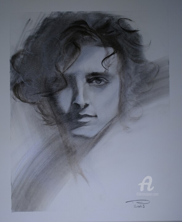 Drawing titled "Blue inspired" by Danut Lucian Tolnacs, Original Artwork, Charcoal