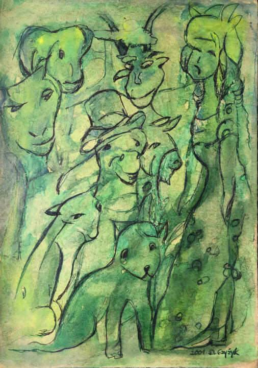 Dessin intitulée "Zielone zwierzaki i…" par Danuta Elzbieta Czyzyk, Œuvre d'art originale, Aquarelle