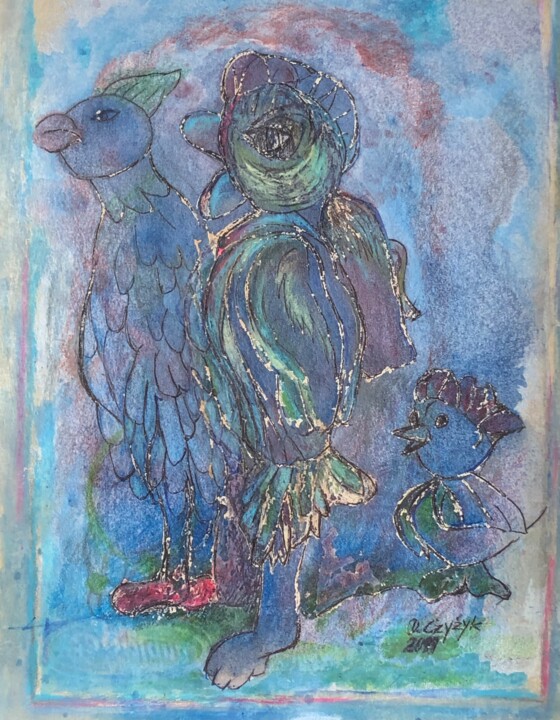 Rysunek zatytułowany „Ptasia Rodzinka” autorstwa Danuta Elzbieta Czyzyk, Oryginalna praca, Akwarela