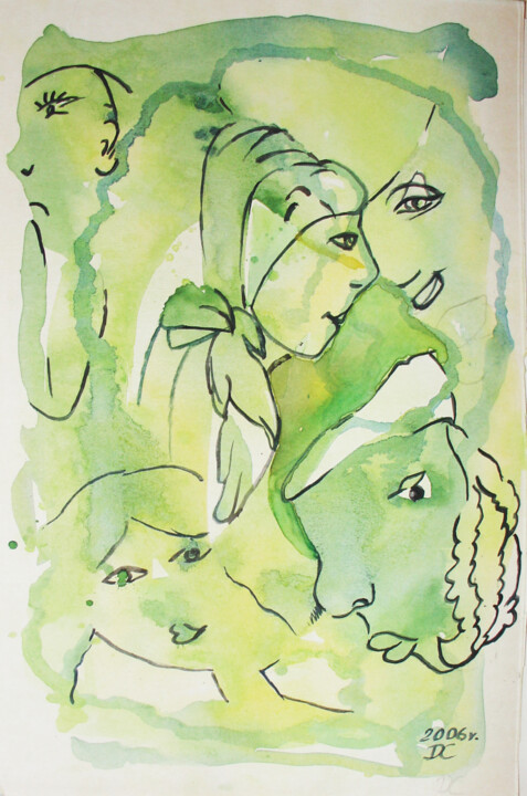 Рисунок под названием "Pięcioro" - Danuta Elzbieta Czyzyk, Подлинное произведение искусства, Акварель