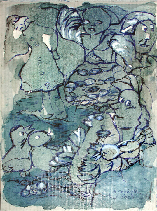 Desenho intitulada "Spotkanie z ptaszka…" por Danuta Elzbieta Czyzyk, Obras de arte originais, Aquarela