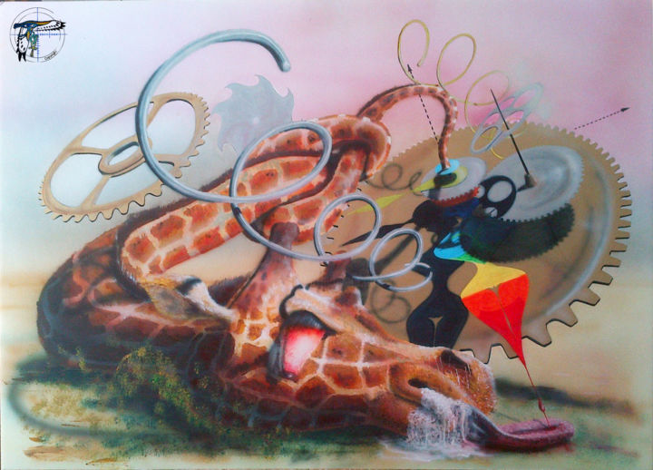 Peinture intitulée "Crazy girafe" par Dany Cash, Œuvre d'art originale, Aérographe