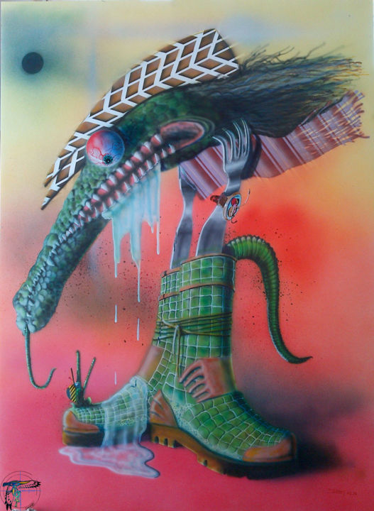 Peinture intitulée "Crazy croco" par Dany Cash, Œuvre d'art originale, Aérographe