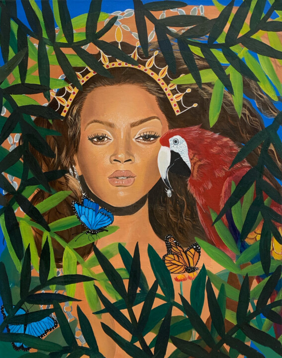 Painting titled "La Reine des Amazon…" by Dany Drug, Original Artwork, Oil Mounted on Wood Stretcher frame