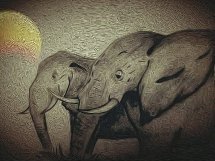 Artes digitais intitulada "Elephants at sunset" por Dany Rte, Obras de arte originais, Pintura digital
