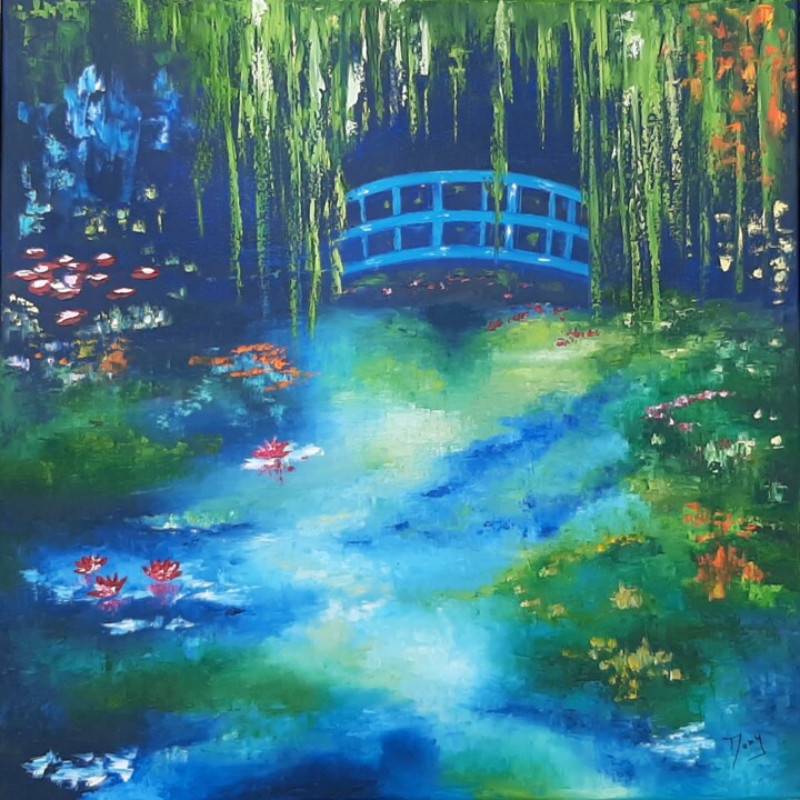 Peinture intitulée "Pont Japonais" par Dany Santelli, Œuvre d'art originale, Huile Monté sur Châssis en bois