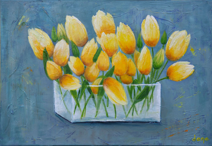 Peinture intitulée "Les tulipes jaunes" par Dane, Œuvre d'art originale, Acrylique Monté sur Châssis en bois