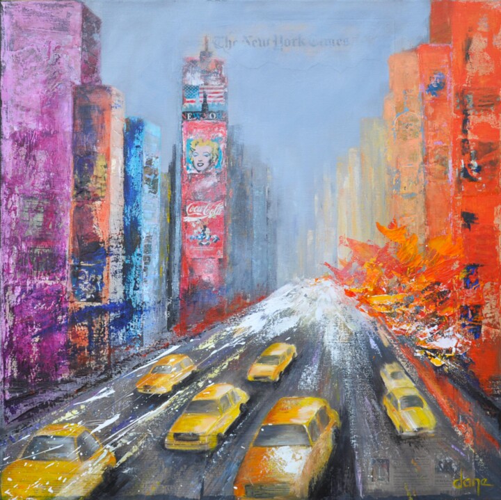 Painting titled "NY - taxis jaunes" by Dane, Original Artwork, Acrylic Mounted on Wood Stretcher frame