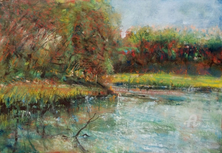 Painting titled "Lac en automne" by Dany Wattier, Original Artwork, Oil