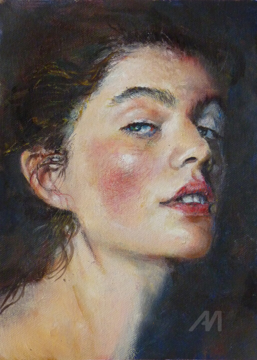 Painting titled "D'un regard." by Dany Wattier, Original Artwork, Oil Mounted on Cardboard