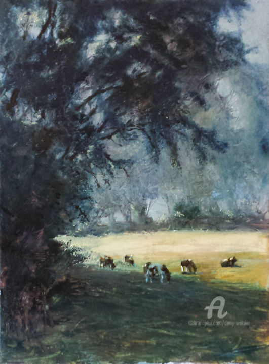 Painting titled "Les vaches du matin" by Dany Wattier, Original Artwork, Oil