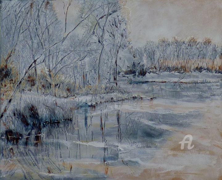 Schilderij getiteld "Le lac sous la neige" door Dany Wattier, Origineel Kunstwerk, Olie