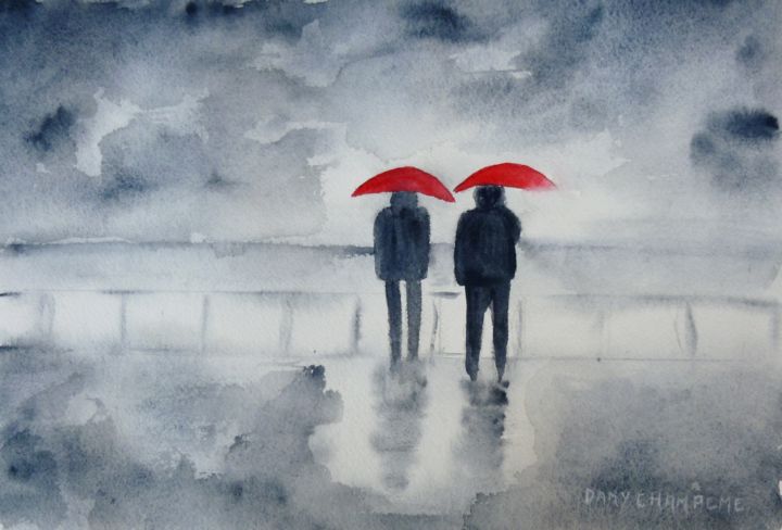 Peinture intitulée "A25-Sous-la-pluie.j…" par Dany Champeme, Œuvre d'art originale, Aquarelle