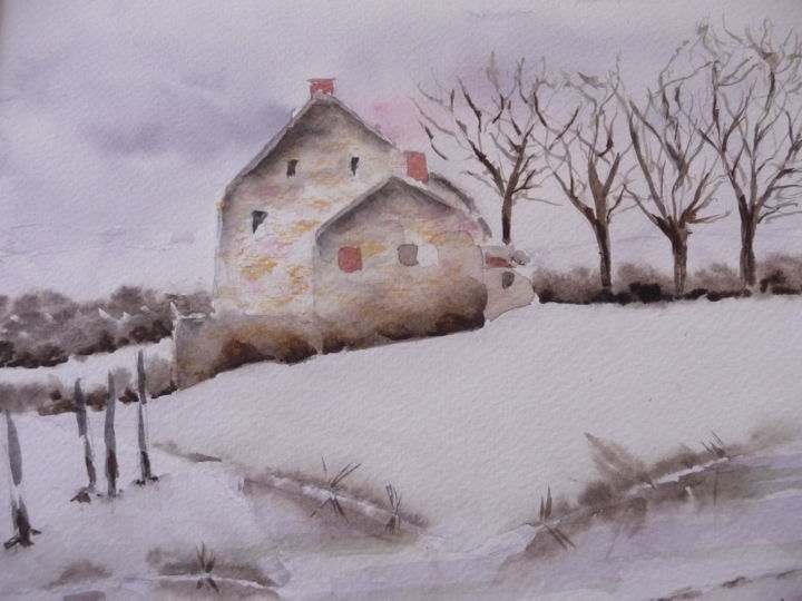 Painting titled "Ferme sous la neige" by Danyellepeintures, Original Artwork, Watercolor