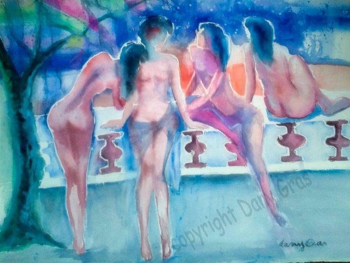 Painting titled "nymphes" by Daniele Gras, Original Artwork, Watercolor Mounted on Glass