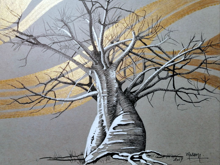Painting titled "Baobab" by Dany Masson, Original Artwork, Ink Mounted on Cardboard