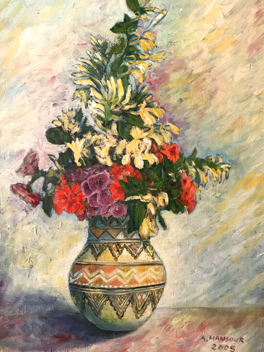 Painting titled "bouquet estival" by Daoud Mansour (lumiart), Original Artwork, Oil Mounted on Wood Stretcher frame
