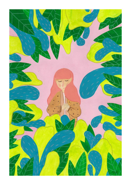 Peinture intitulée "La fille au jardin" par Dapremont-Thom'Art, Œuvre d'art originale, Gouache