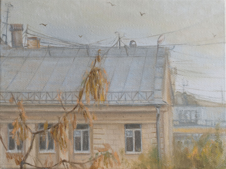 Painting titled "Вид из окна. Осенни…" by Daria Rysakova, Original Artwork, Oil