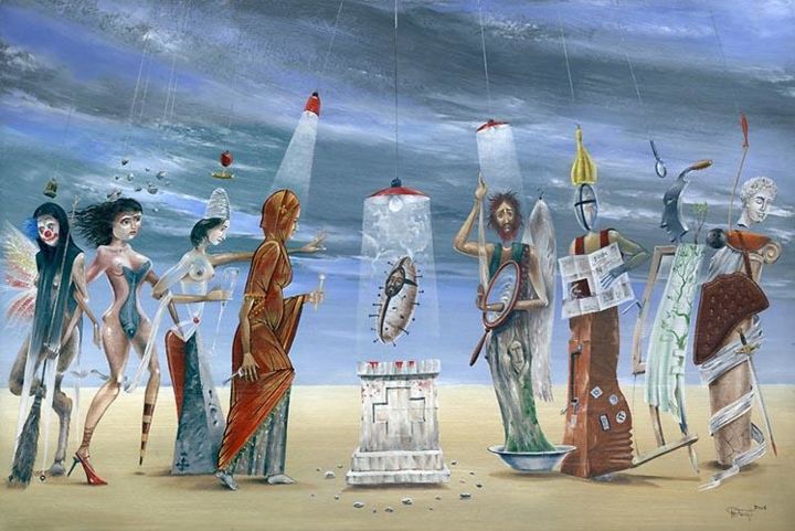 Painting titled "Surreal Procession" by Nicu Darastean, Original Artwork