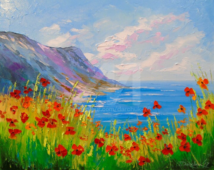 Painting titled "Poppies on the beach" by Olha, Original Artwork, Oil