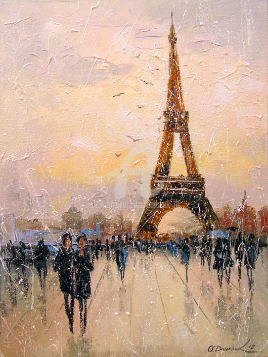 Painting titled "A walk in Paris" by Olha, Original Artwork, Oil