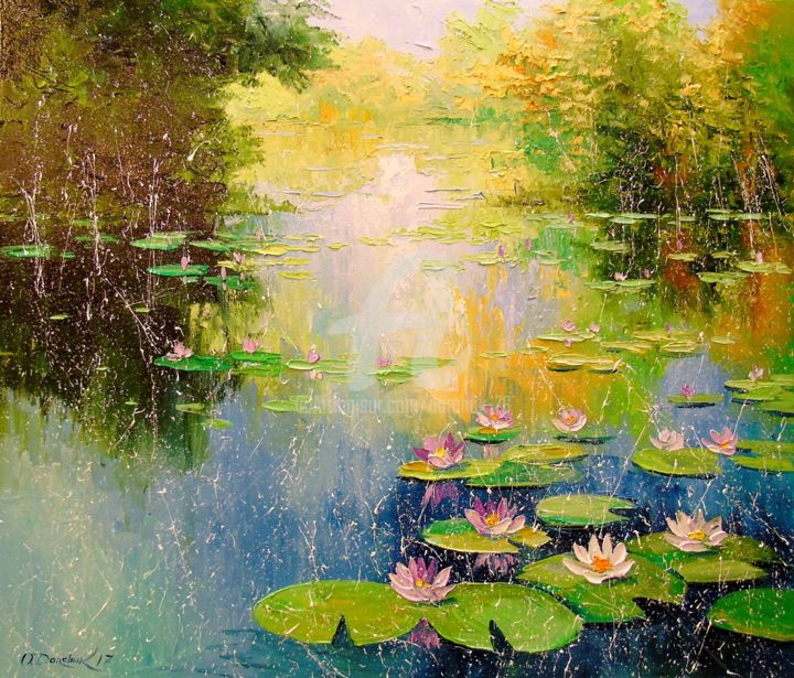 Painting titled "Pond lilies" by Olha, Original Artwork, Oil