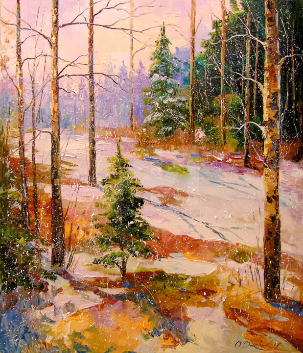 Painting titled "In the winter forest" by Olha, Original Artwork, Oil