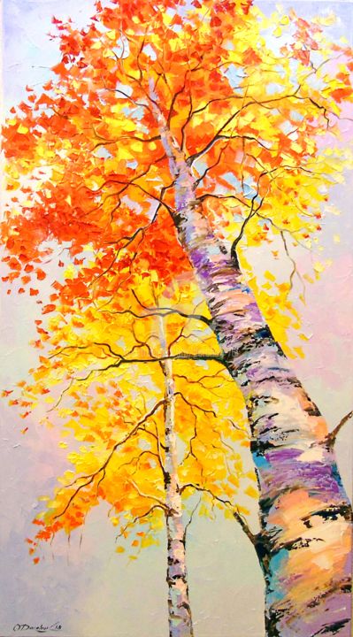 Painting titled "Heavenly birch" by Olha, Original Artwork, Oil