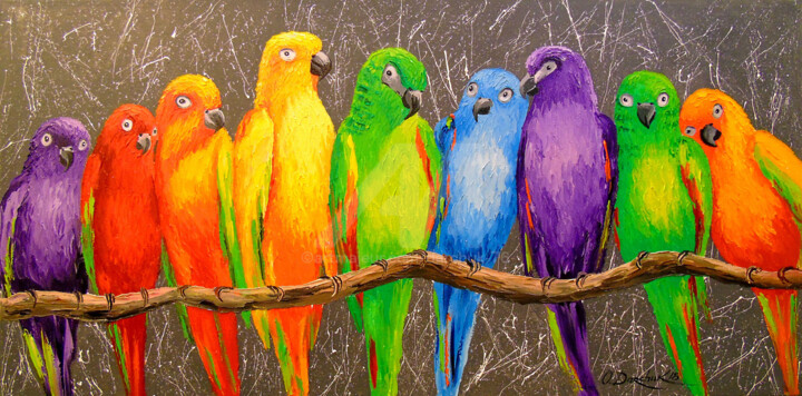 Painting titled "Family parrots" by Olha, Original Artwork, Oil