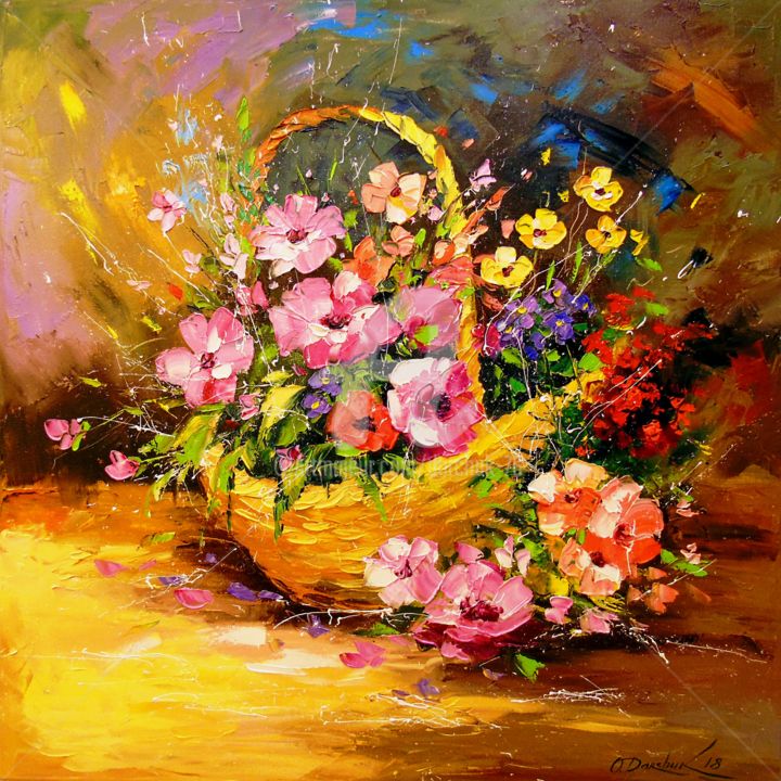 Painting titled "Basket with flowers" by Olha, Original Artwork, Oil